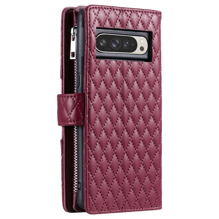 For Google Pixel 9 Pro XL Glitter Lattice Zipper Wallet Leather Phone Case(Wine Red)