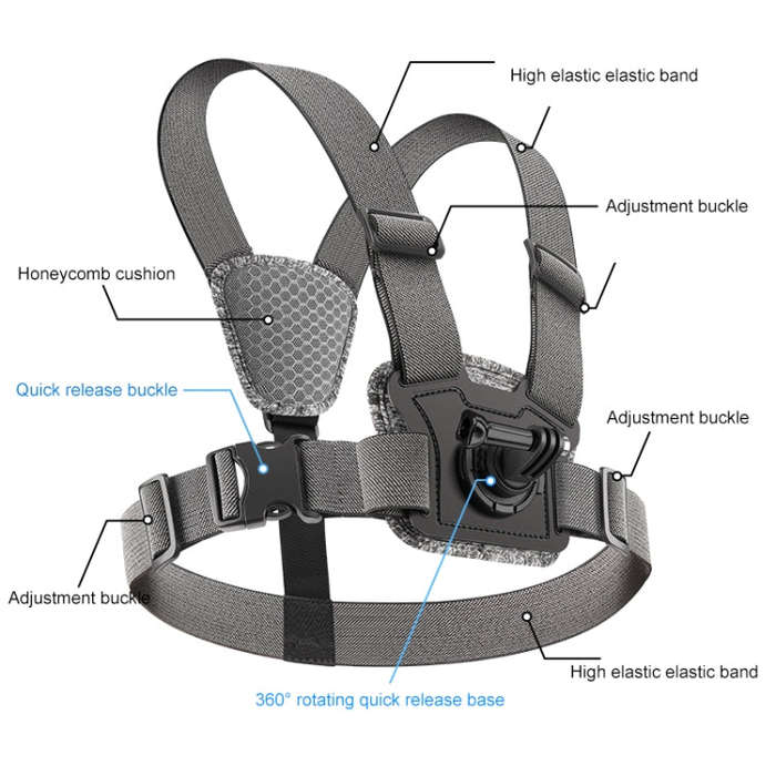 6 in 1 360 Phone Clamp Adjustable Body Mount Belt Chest Strap with Mount & Screw(Grey)