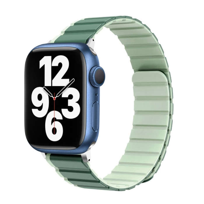 For Apple Watch Series 7 45mm ZGA Two Color Magnetic Silicone Watch Band(Dark Green+Light Green)