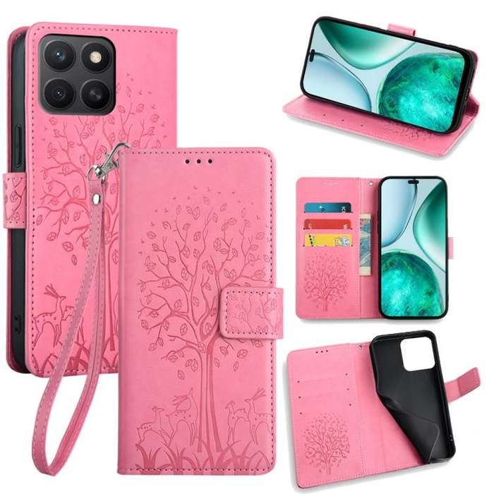 For Honor X8c 4G Tree & Deer Embossed Leather Phone Case(Pink)