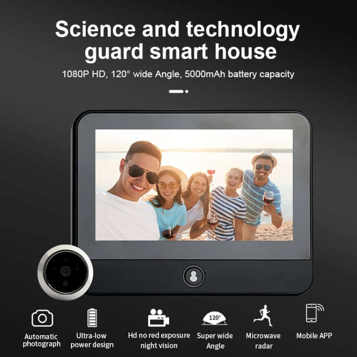 S50S 4.3 inch IPS LCD Screen 1080P Infrared Night Vision WiFi Smart Cat Eye Video Doorbell(Black)