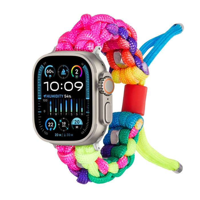 For Apple Watch Ultra 49mm Screw Nut Dual-Color Braided Paracord Watch Band(Rainbow)