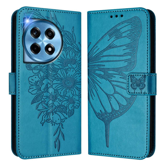 For OnePlus 12R 5G Global Embossed Butterfly Leather Phone Case(Blue)