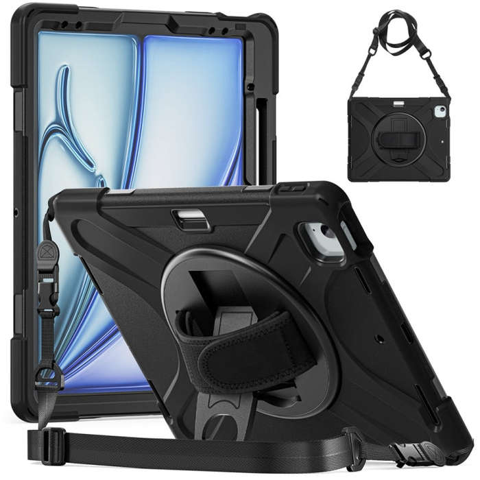 For iPad Air 13 2024 / Air 13 2025 Rotatable Holder Silicone Hybrid PC Tablet Case with Shoulder ...
