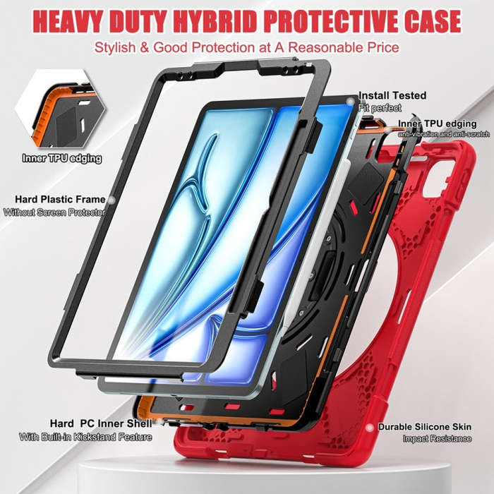 For iPad Air 13 2024 / Air 13 2025 Rotatable Holder Silicone Hybrid PC Tablet Case with Shoulder ...