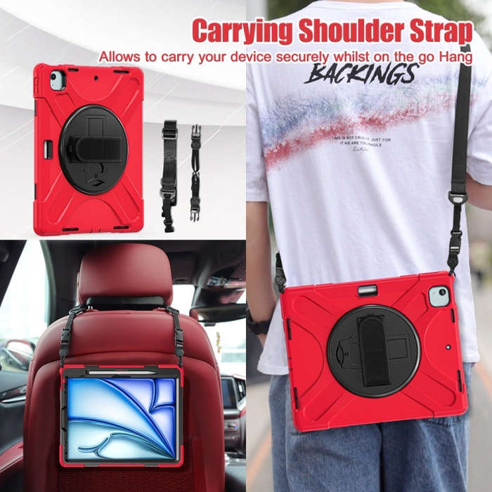 For iPad Air 13 2024 / Air 13 2025 Rotatable Holder Silicone Hybrid PC Tablet Case with Shoulder ...