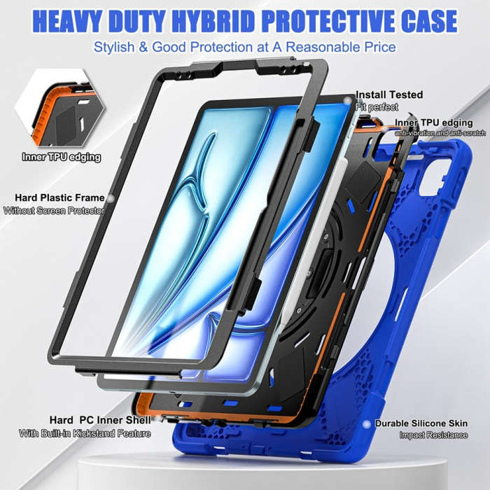 For iPad Air 13 2024 / Air 13 2025 Rotatable Holder Silicone Hybrid PC Tablet Case with Shoulder ...