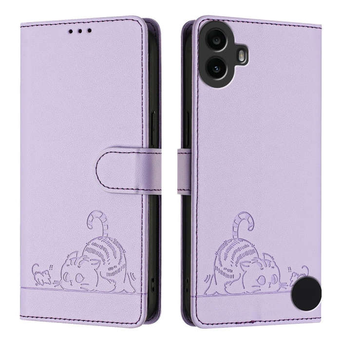 For Nothing CMF Phone 1 Cat Rat Embossed Pattern RFID Leather Phone Case with Lanyard(Purple)