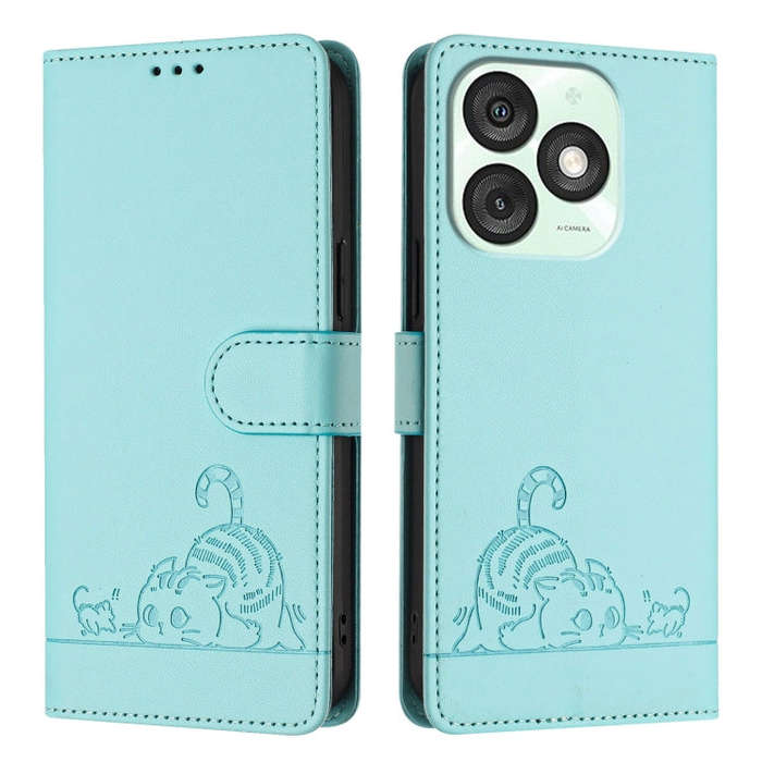 For itel A50 Cat Rat Embossed Pattern RFID Leather Phone Case with Lanyard(Mint Green)