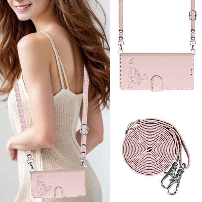 For itel A50 Cat Rat Embossed Pattern RFID Leather Phone Case with Lanyard(Pink)