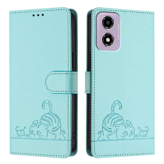 For Motorola Moto E14 Cat Rat Embossed Pattern RFID Leather Phone Case with Lanyard(Mint Green)