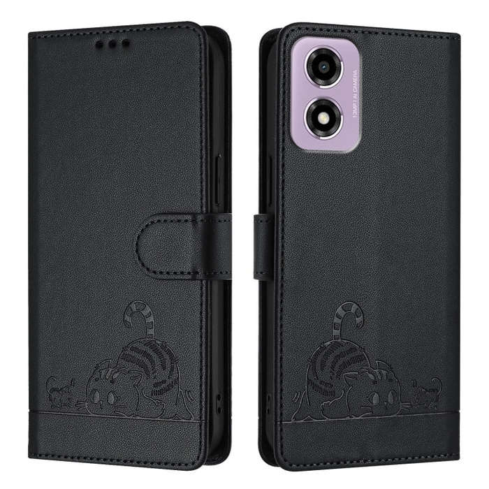 For Motorola Moto E14 Cat Rat Embossed Pattern RFID Leather Phone Case with Lanyard(Black)