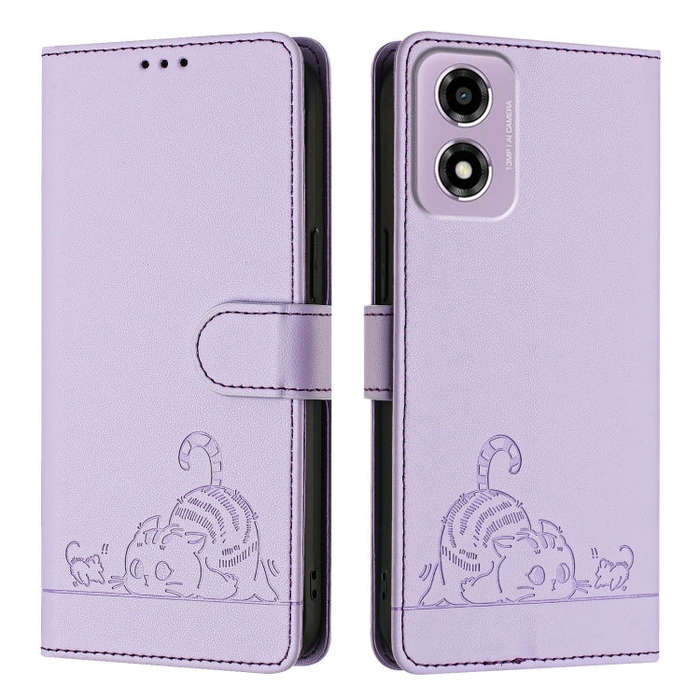For Motorola Moto E14 Cat Rat Embossed Pattern RFID Leather Phone Case with Lanyard(Purple)