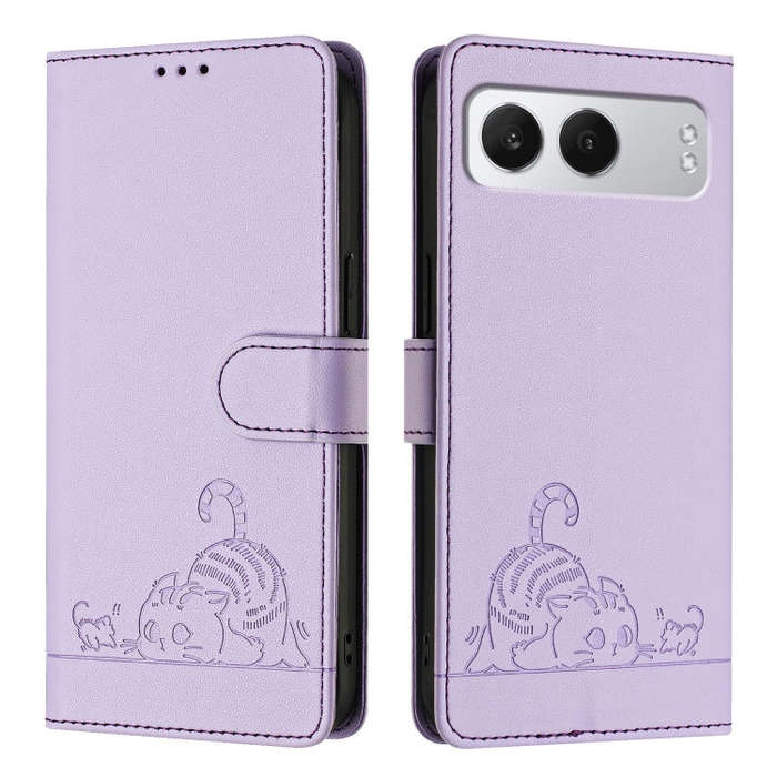 For OnePlus Nord 4 5G Cat Rat Embossed Pattern RFID Leather Phone Case with Lanyard(Purple)