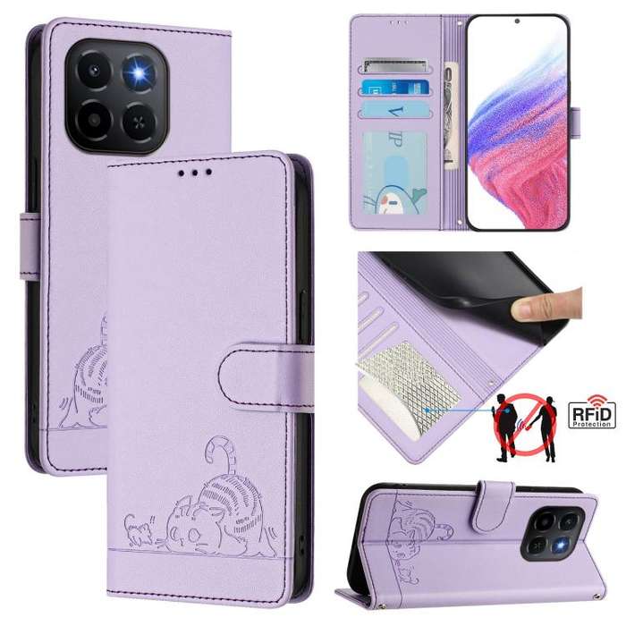 For Honor X6c 4G Cat Rat Embossed Pattern RFID Leather Phone Case with Lanyard(Purple)