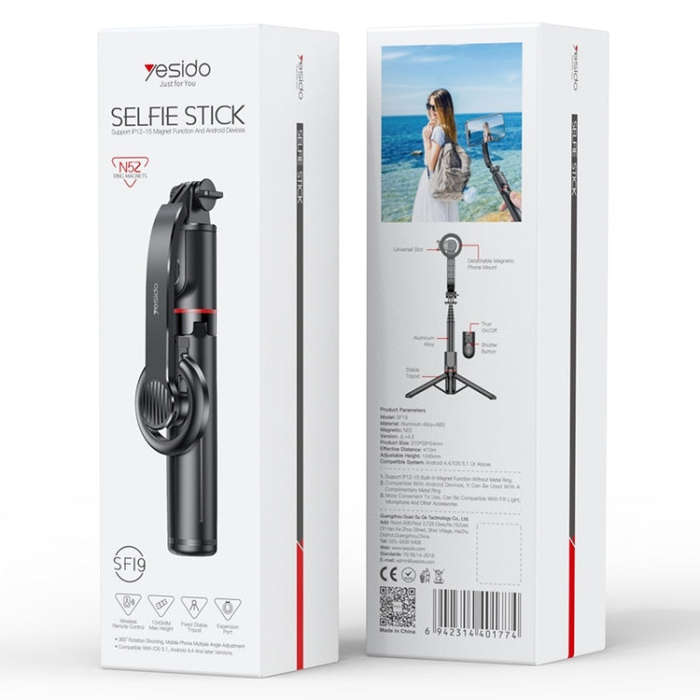 Yesido SF19 Magnetic Cell Phone Tripod Bluetooth Remote Control Selfie Stick(Black)