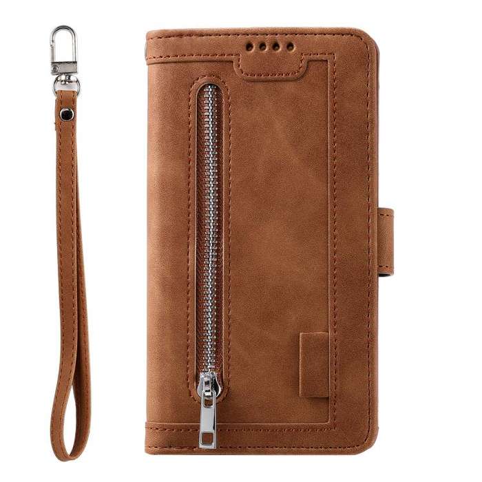 For Motorola Edge 60 Pro Nine Card Zipper Bag Leather Phone Case with Lanyard(Brown)