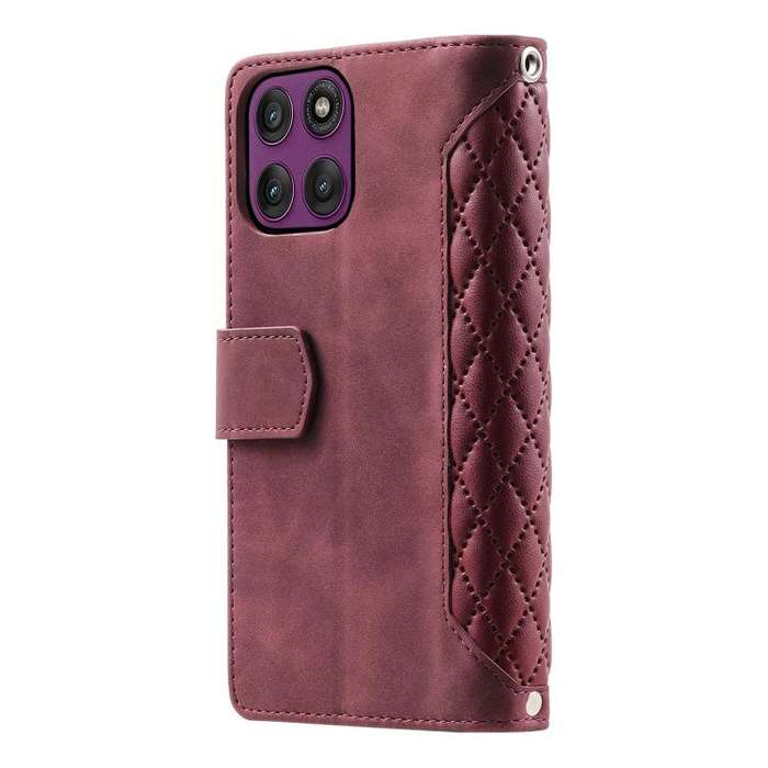 For Motorola Edge 60 Pro Grid Texture Zipper Leather Phone Case with Lanyard(Wine Red)