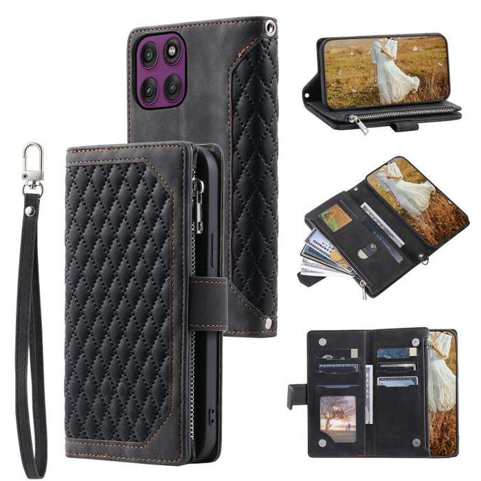 For Motorola Edge 60 Pro Grid Texture Zipper Leather Phone Case with Lanyard(Black)