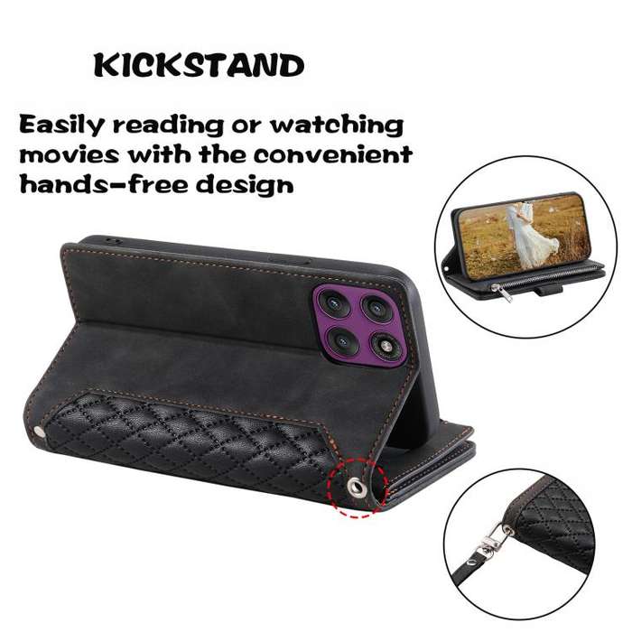 For Motorola Edge 60 Pro Grid Texture Zipper Leather Phone Case with Lanyard(Black)