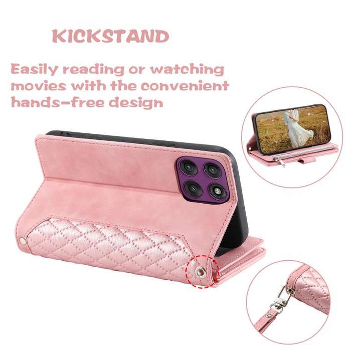 For Motorola Edge 60 Pro Grid Texture Zipper Leather Phone Case with Lanyard(Rose Gold)