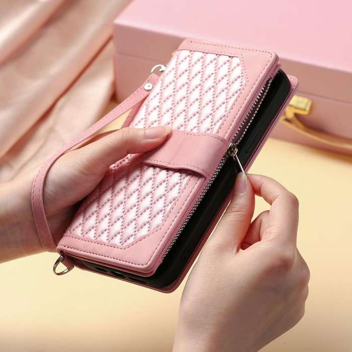 For Motorola Edge 60 Pro Grid Texture Zipper Leather Phone Case with Lanyard(Rose Gold)