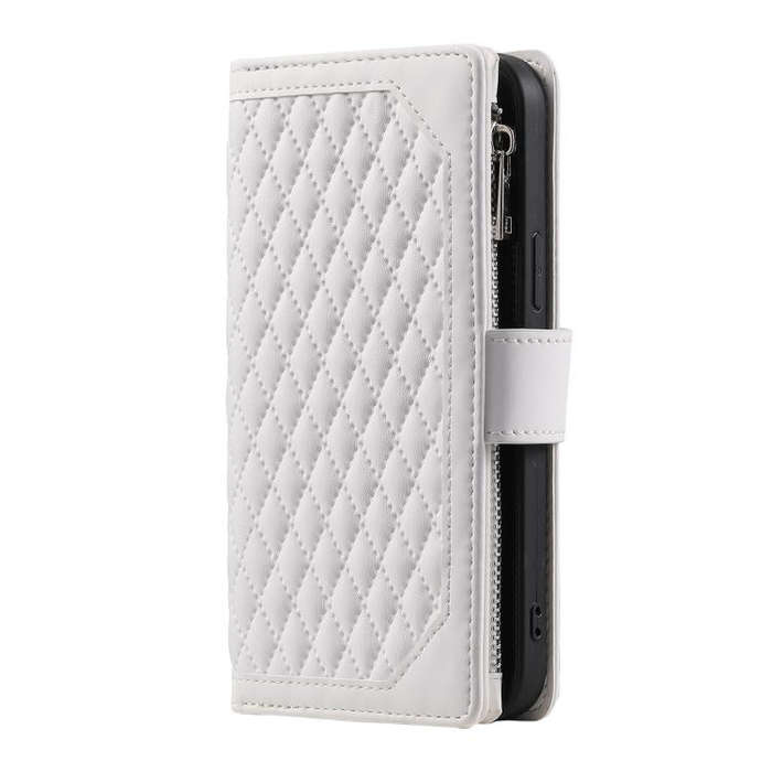 For Motorola Edge 60 Pro Grid Texture Zipper Leather Phone Case with Lanyard(White)