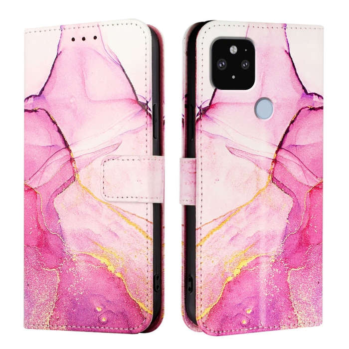 For Google Pixel 5 XL / 4a 5G PT003 Marble Pattern Flip Leather Phone Case(Pink Purple Gold)