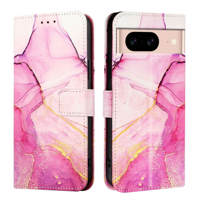 For Google Pixel 8a PT003 Marble Pattern Flip Leather Phone Case(Pink Purple Gold)