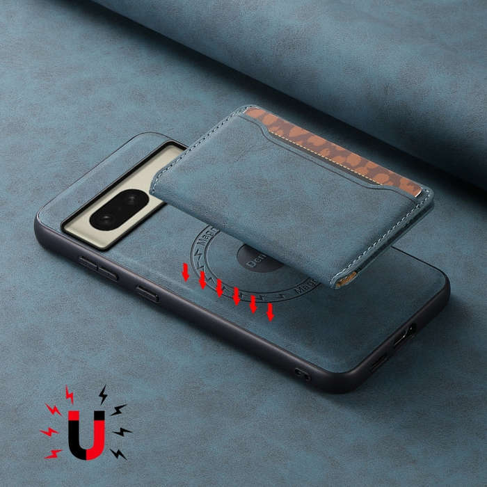 For Google Pixel 8 Denior D13 Retro Texture Leather MagSafe Card Bag Phone Case(Blue)