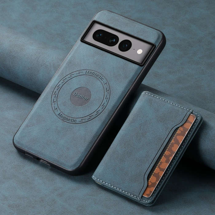 For Google Pixel 7 Pro 5G Denior D13 Retro Texture Leather MagSafe Card Bag Phone Case(Blue)