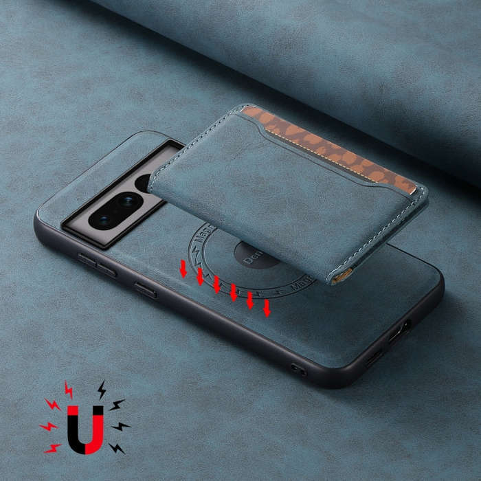 For Google Pixel 7 Pro 5G Denior D13 Retro Texture Leather MagSafe Card Bag Phone Case(Blue)