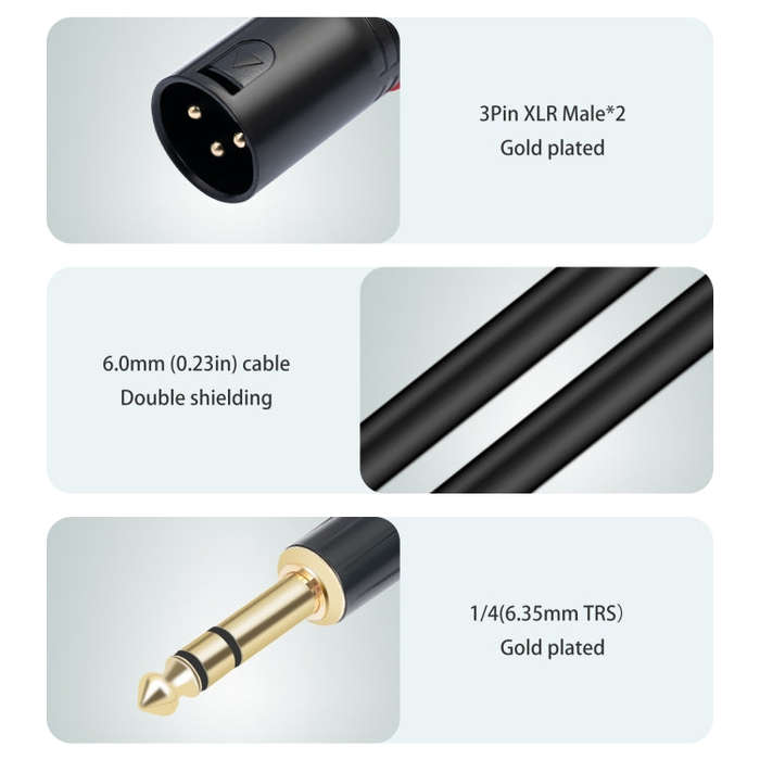 TC145YXK108RE-10 6.35mm 1/4 TRS Male to Dual XLR Male Audio Cable, Length:2m(Black)
