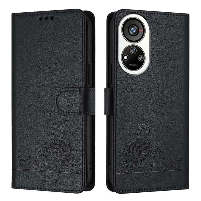 For ZTE Blade V40s Cat Rat Embossed Pattern RFID Leather Phone Case with Lanyard(Black)