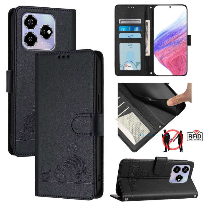 For ZTE Blade V60 / Axon 60 4G Cat Rat Embossed Pattern RFID Leather Phone Case with Lanyard(Black)