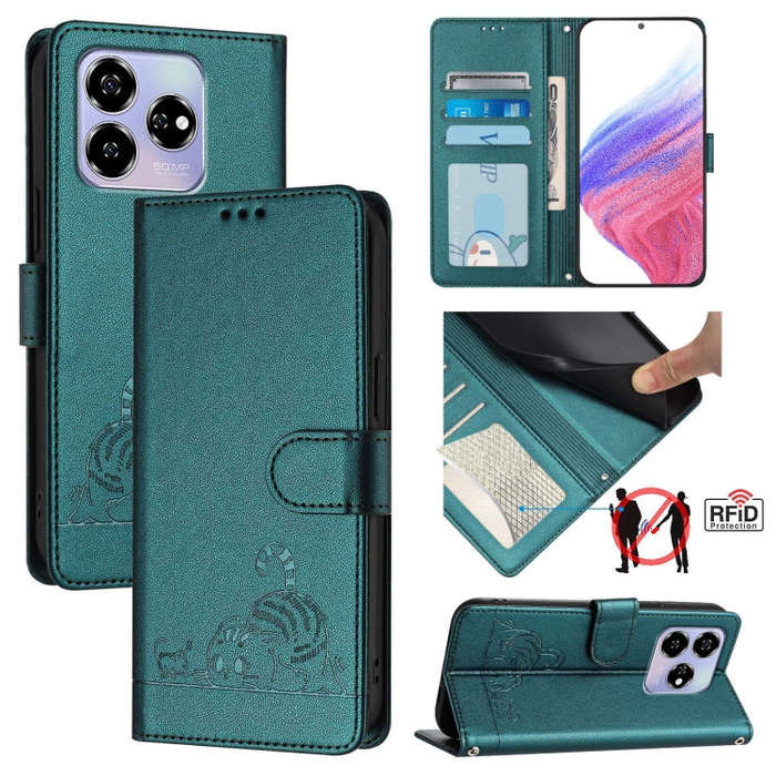 For ZTE Blade V60 / Axon 60 4G Cat Rat Embossed Pattern RFID Leather Phone Case with Lanyard(Peac...