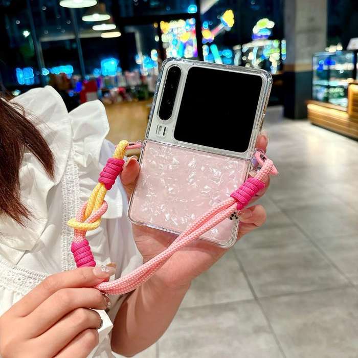 For Huawei Pura X Pearlescent Shell Texture Side Buckle Phone Case with Rainbow Bracelet(Pink)