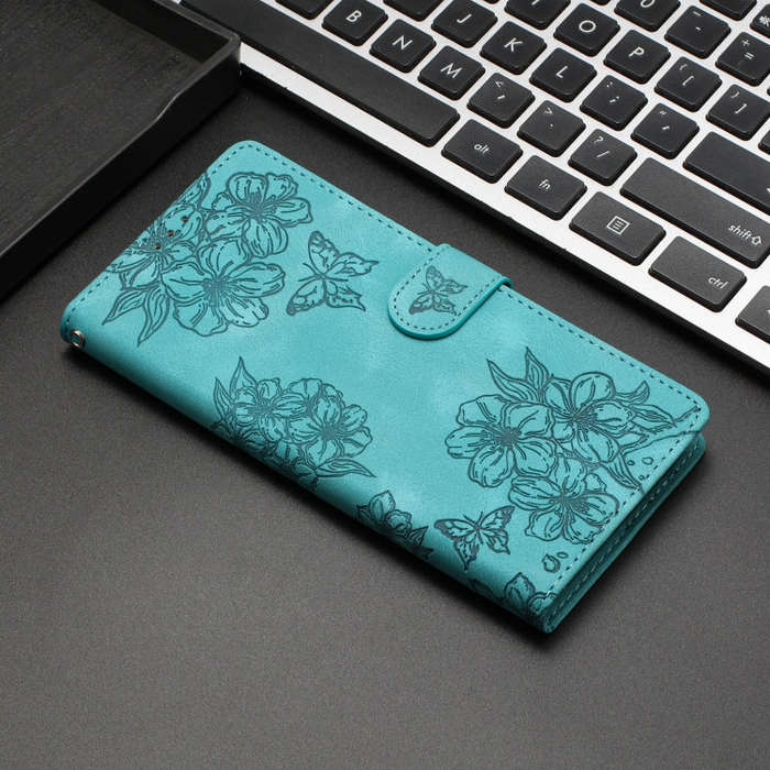 For Motorola Edge 50 Pro Cherry Blossom Butterfly Skin Feel Embossed PU Phone Case(Green)