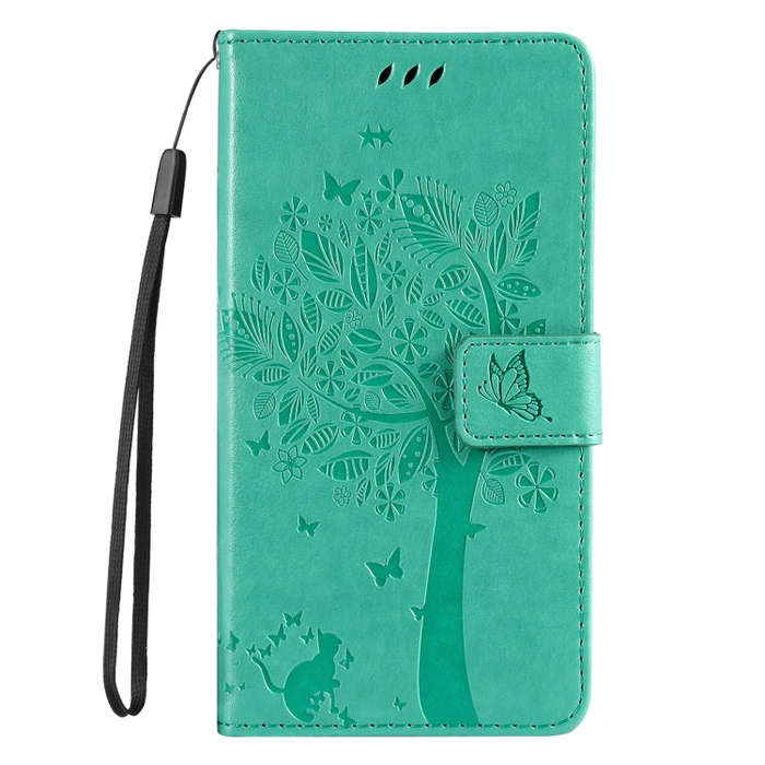 For Motorola Edge 50 5G Tree & Cat Embossed Pattern Flip Leather Phone Case(Green)