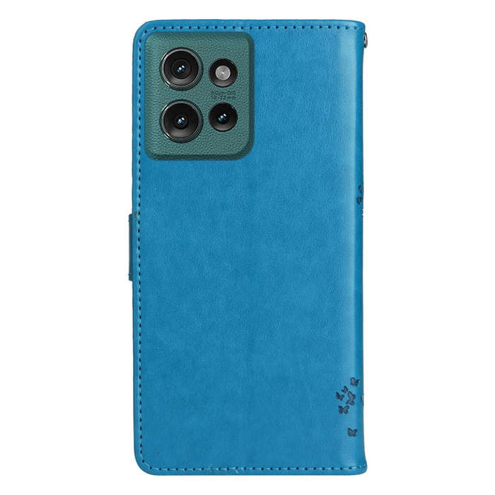 For Motorola Edge 50 5G Tree & Cat Embossed Pattern Flip Leather Phone Case(Blue)