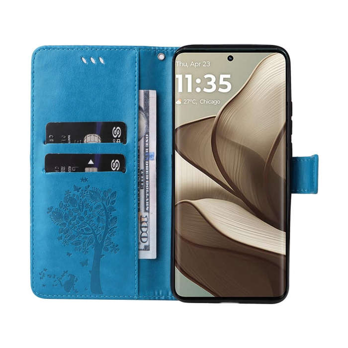 For Motorola Edge 50 5G Tree & Cat Embossed Pattern Flip Leather Phone Case(Blue)