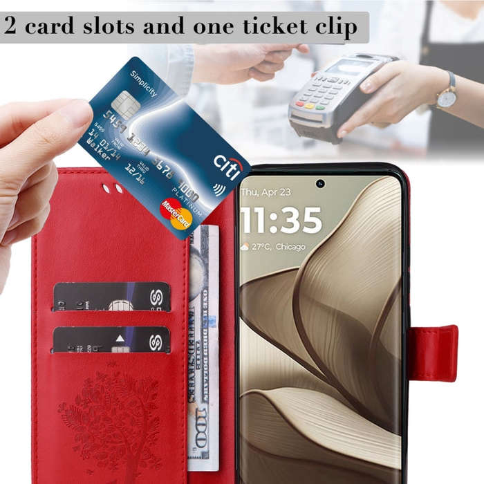 For Motorola Edge 50 5G Tree & Cat Embossed Pattern Flip Leather Phone Case(Red)