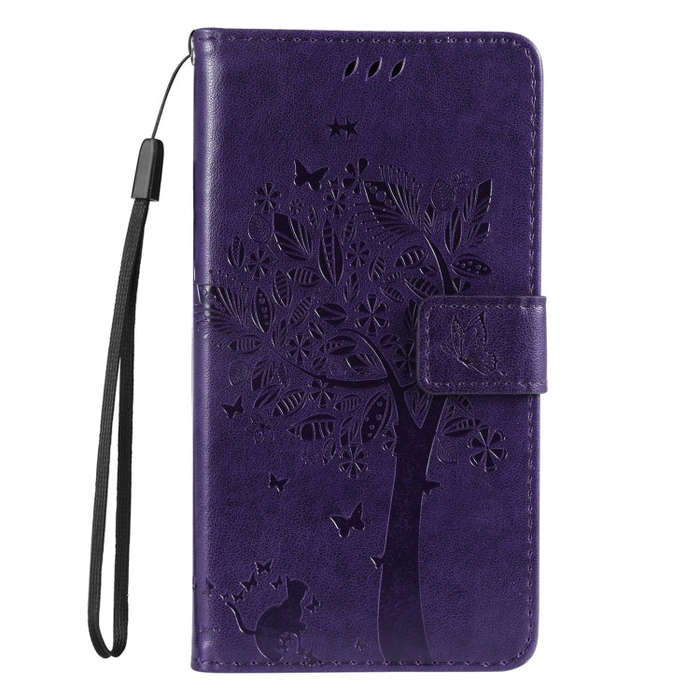 For Motorola Edge 50 5G Tree & Cat Embossed Pattern Flip Leather Phone Case(Purple)