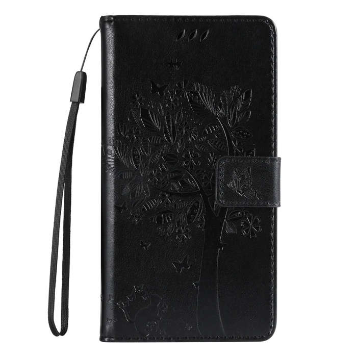 For Motorola Edge 50 5G Tree & Cat Embossed Pattern Flip Leather Phone Case(Black)