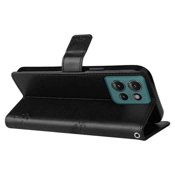 For Motorola Edge 50 5G Tree & Cat Embossed Pattern Flip Leather Phone Case(Black)