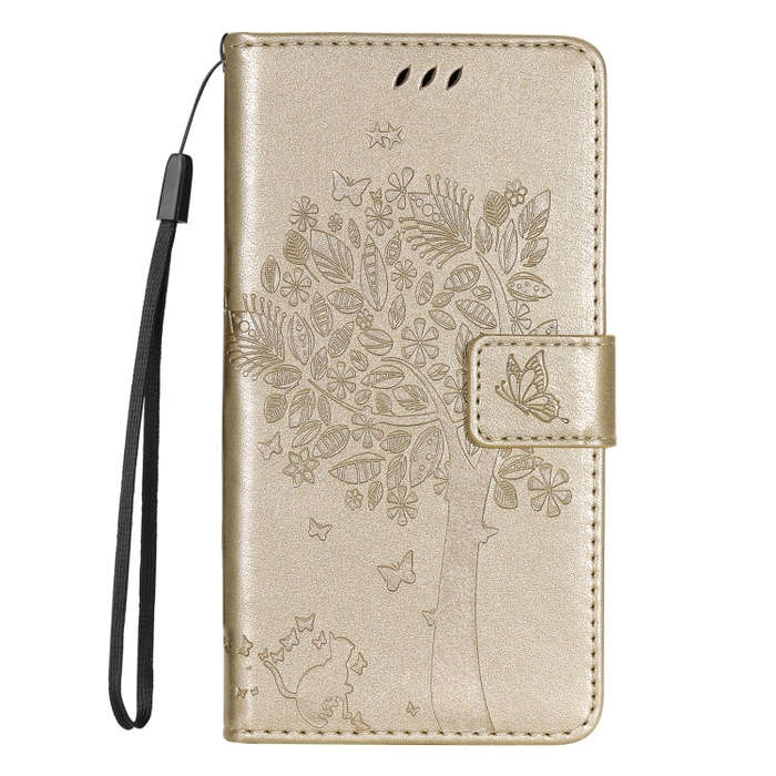 For Motorola Edge 50 5G Tree & Cat Embossed Pattern Flip Leather Phone Case(Gold)
