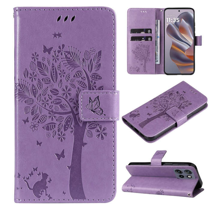 For Motorola Edge 50 Neo Tree & Cat Embossed Pattern Flip Leather Phone Case(Light Purple)