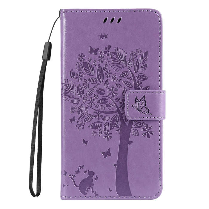 For Motorola Edge 50 Neo Tree & Cat Embossed Pattern Flip Leather Phone Case(Light Purple)