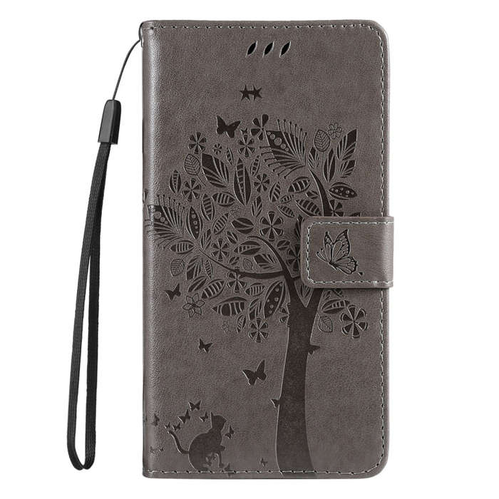 For Motorola Edge 50 Neo Tree & Cat Embossed Pattern Flip Leather Phone Case(Grey)