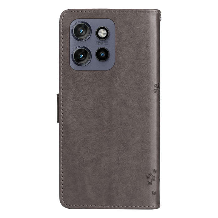 For Motorola Edge 50 Neo Tree & Cat Embossed Pattern Flip Leather Phone Case(Grey)